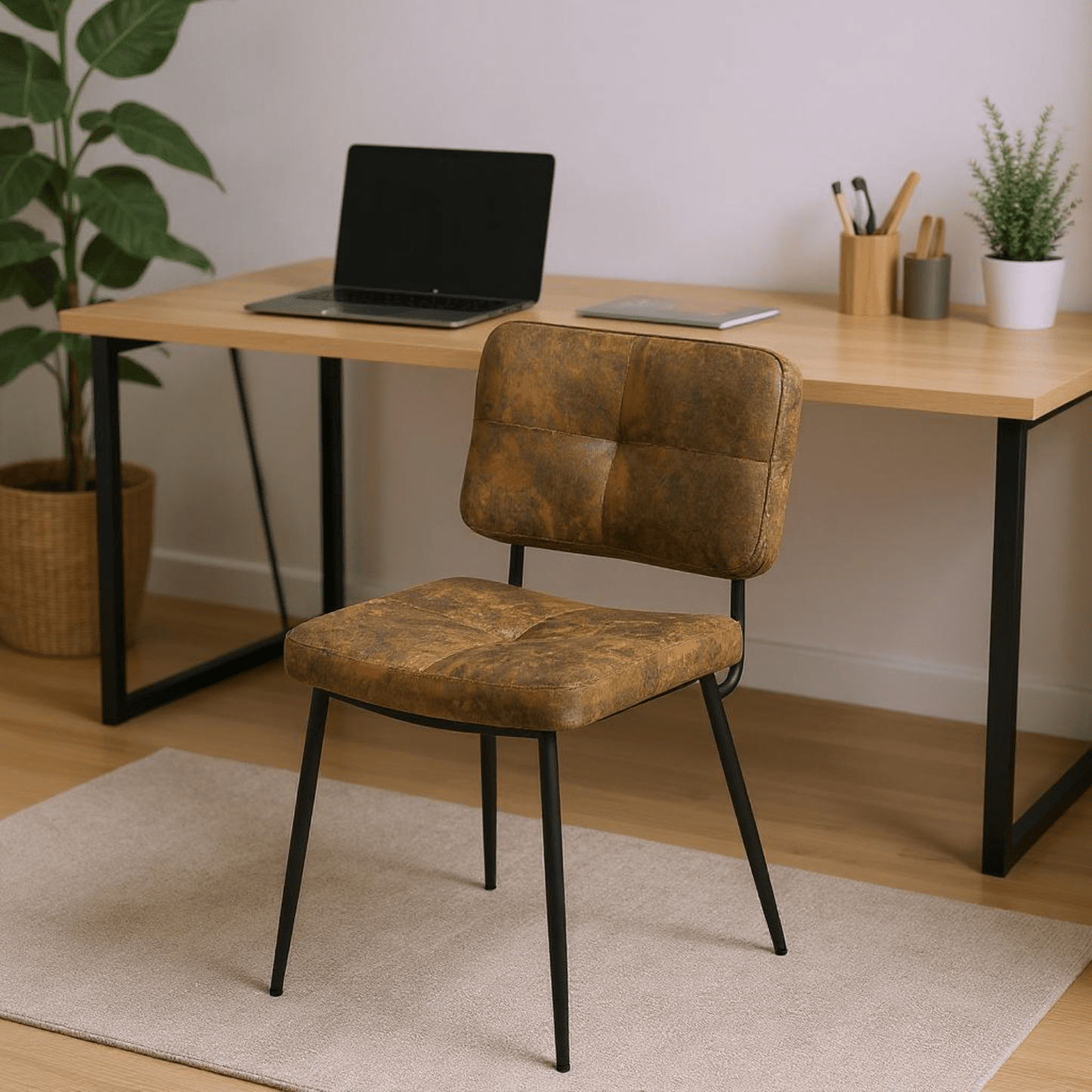 Bureaustoel – Kantoorstoel – Werkstoel – Vergaderstoel – Stoel Zonder Armleuning – Vintage Bruin Suède – Industrieel Metaalframe – 45x54x82 cm