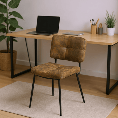 Bureaustoel – Kantoorstoel – Werkstoel – Vergaderstoel – Stoel Zonder Armleuning – Vintage Bruin Suède – Industrieel Metaalframe – 45x54x82 cm