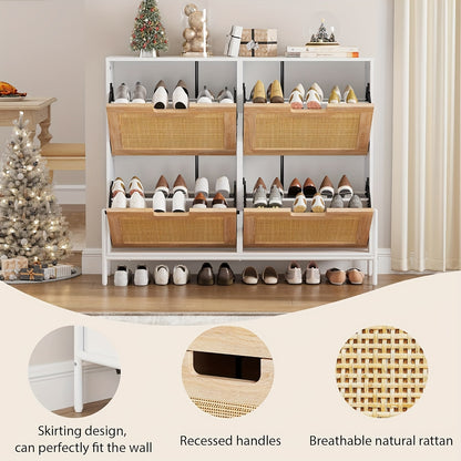Schoenenkast – Schoenenrek – Schoenenopberger – Schoenenbank – Halkast – Smal Model – Rattan Materiaal – 8 Verstelbare Vakken – Compact 100x24x88 cm
