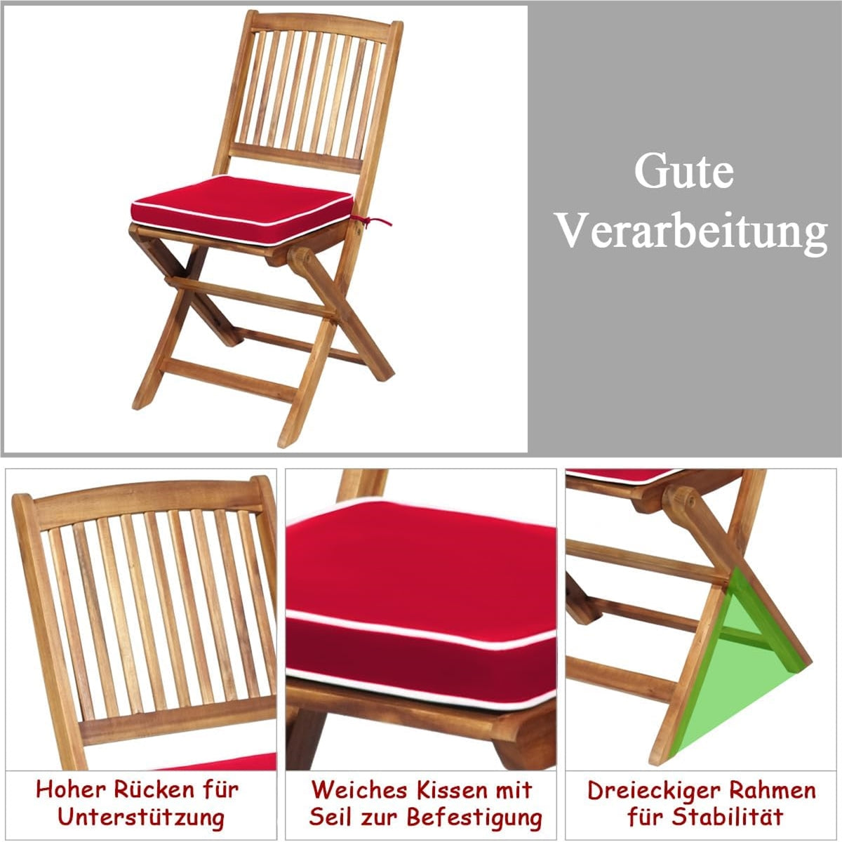 Bistroset – Tuinset – Balkonset – Eettafelset – Tuinmeubilair – Inklapbaar – Acaciahouten 3-delig met Rood Kussen