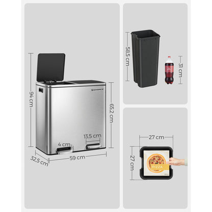 Afvalbak – Prullenbak – Vuilnisbak – Afvalemmer – Gft Bak – 2 Compartimenten – Met Metalen Pedalen – 60 Liter – Soft Close – Uitneembare Kunststof Binnenemmers – 58.6 x 32 x 65 cm - Zilver-Zwart