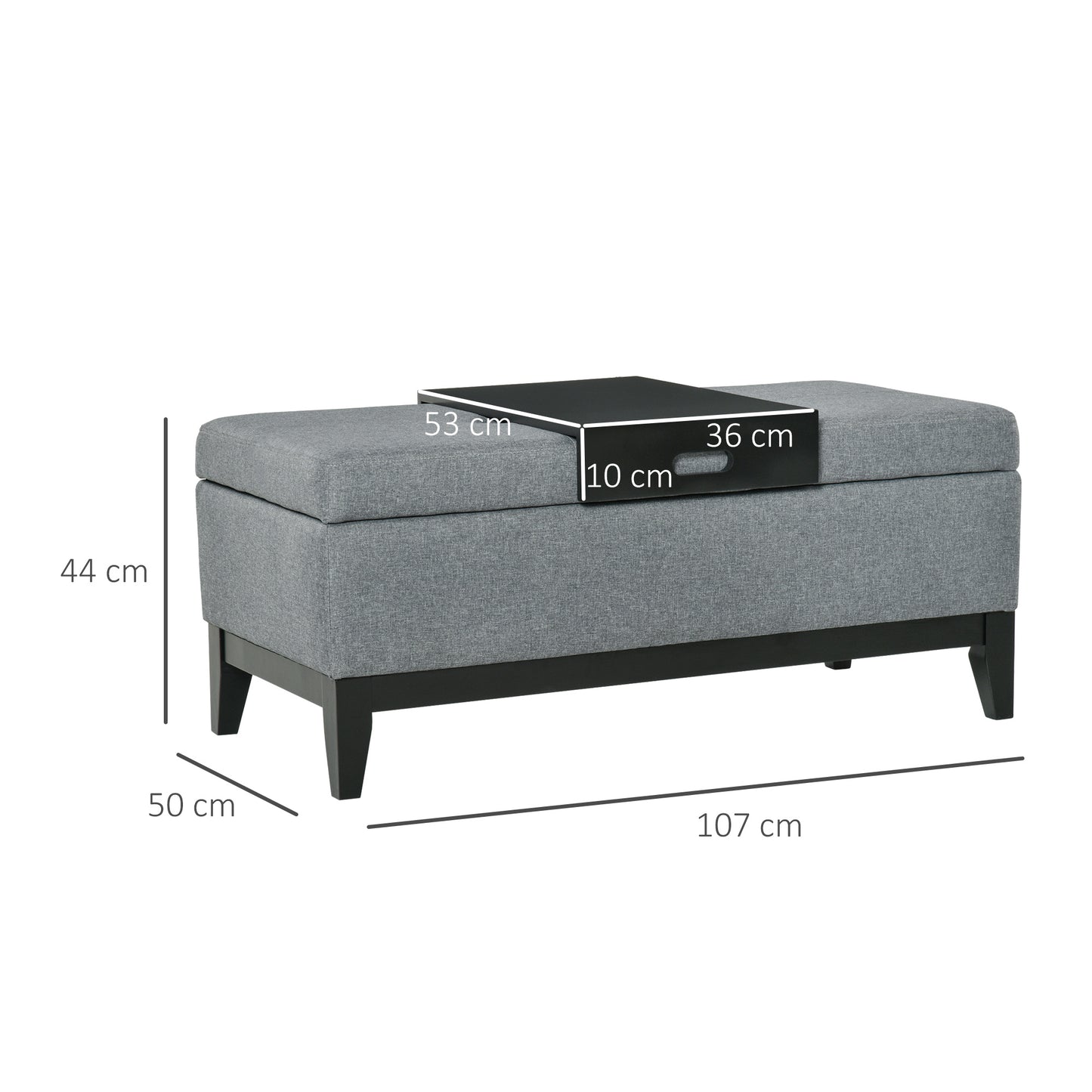 Opbergbank – Opbergbank – Sitzbank – Opbergkist – Linnenbank – Donkergrijs – Afneembaar Dienblad – Houten Pootjes 107x50x44 cm