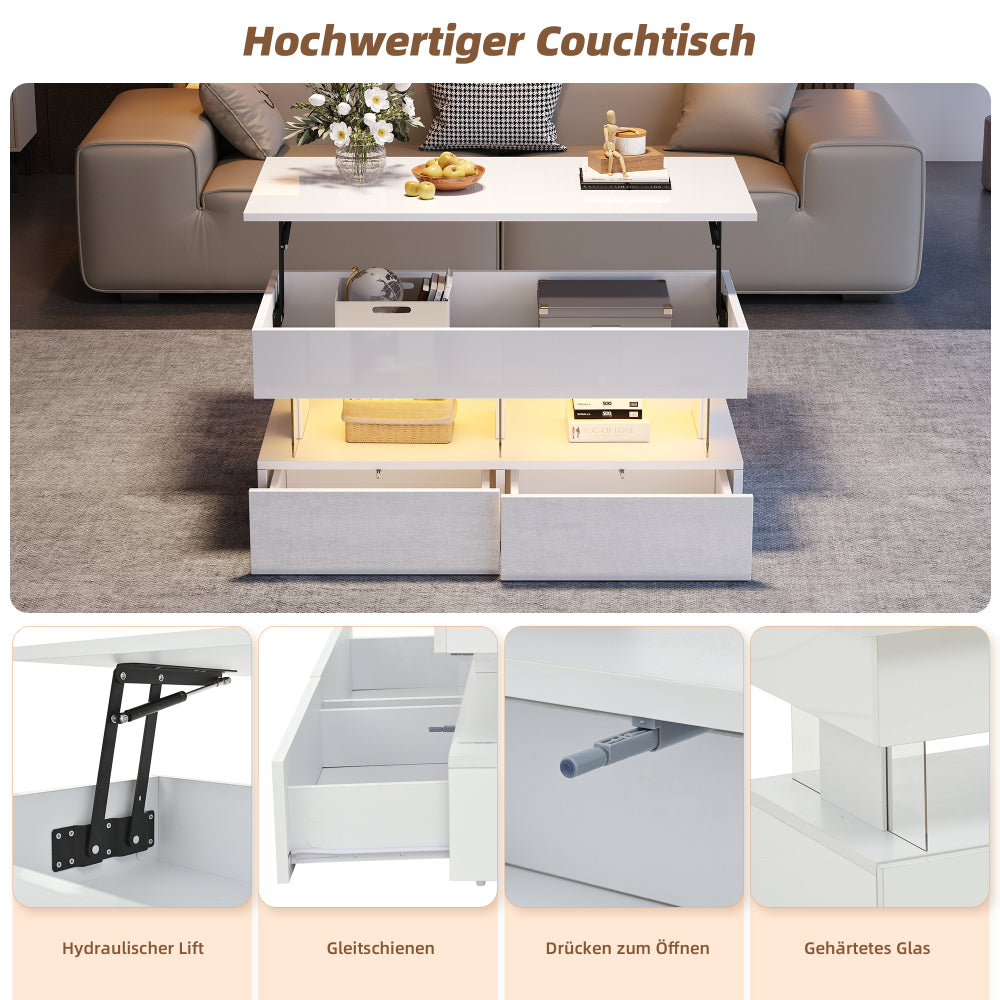 Salontafel – Koffietafel – Tafel – Woonkamertafel – Bijzettafel – Verstelbare Hoogte – Uitschuifbare Opbergruimte – Glanzend Wit – Lift-Top Mechanisme