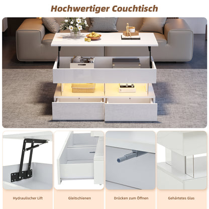 Salontafel – Koffietafel – Tafel – Woonkamertafel – Bijzettafel – Verstelbare Hoogte – Uitschuifbare Opbergruimte – Glanzend Wit – Lift-Top Mechanisme