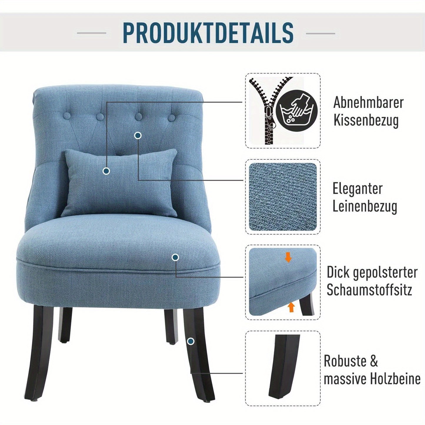 Fauteuil – Loungefauteuil – Zetel – Relaxstoel – Leunstoel – Blauw Linnen – Comfortabel Met Rugkussen – Compact 52,5x69x77 cm
