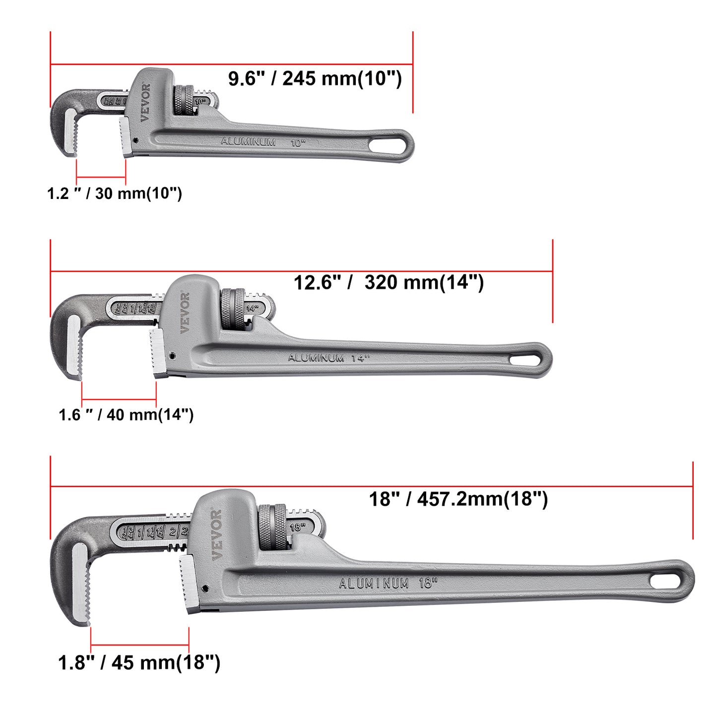Pijpsleutel – Buizensleutel – Wringijzer – Moersleutel – Loodgietersgereedschap – Aluminium Lichtgewicht – CRV Bek 52HRC – Set 10/14/18 inch