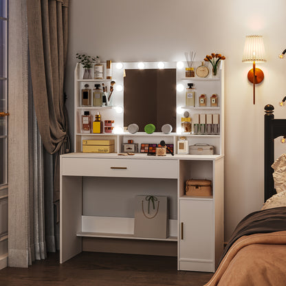 Jewelry Cabinet, Dressing Table, Large Tabletop with Mirror, Accessory Storage, LED Light with Adjustable Brightness, Organiser Drawers and Storage Cabinets, Open Shelves, for Bedroom, Cloakroom, White, Jewellery Cabinet, Clo - QUORE