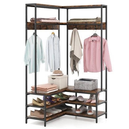 Hoekgarderobekast – Hoekkast – Kledingrek – Garderoberek – Jassenrek – L-vormig Design – Met 7 Metalen Haken – Stevig Metalen Frame – Zitbank Schoenen Organizer – Rustiek Bruin Zwart
