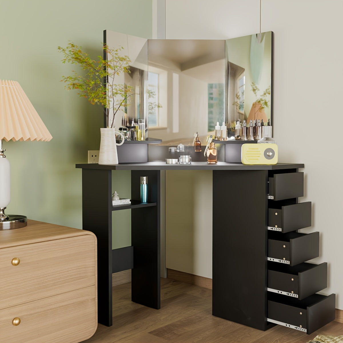 Make-up Tafel – Kaptafel – Schminktisch – Make-up Organiser – Vanity Tafel – Hoekmodel Met 3 Spiegels – 5 Lades & 2 Open Vakken – 112x50x142,5 cm – Modern & Ruimtebesparend