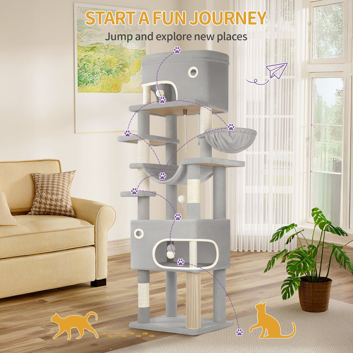 Kattenboom – Krabpaal – Klimpaal – Kattenhuis – Speelparadijs – Lichtgrijs – 203 cm Hoog – 7 Sisal Krabpalen & 2 Ruime Holletjes