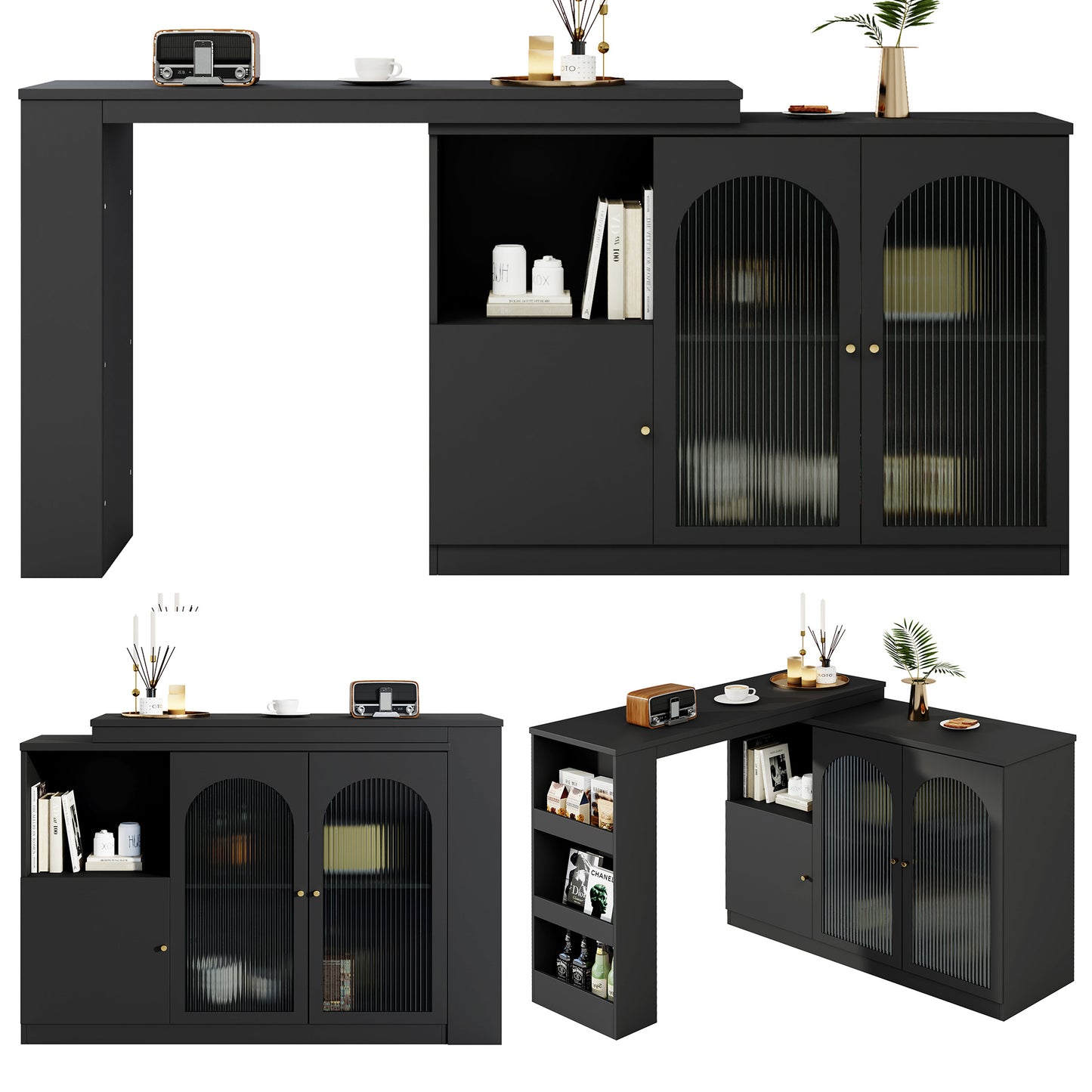 Ontbijtbar – Keukenbar – Barschrank – Werkblad – Rotatiebar Zwart – 360° Draaibaar Zijpaneel – MDF Met Glasfront 120x40x97 cm