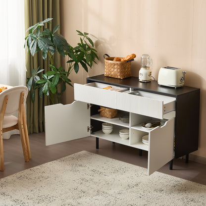BTM Storage Cabinet 120cm with Ribbed Drawers, Black and White Design, Adjustable Shelves, 2 Doors, Sideboard Buffet, Cabinet Organizer for Kitchen, Living Room, Dining Room