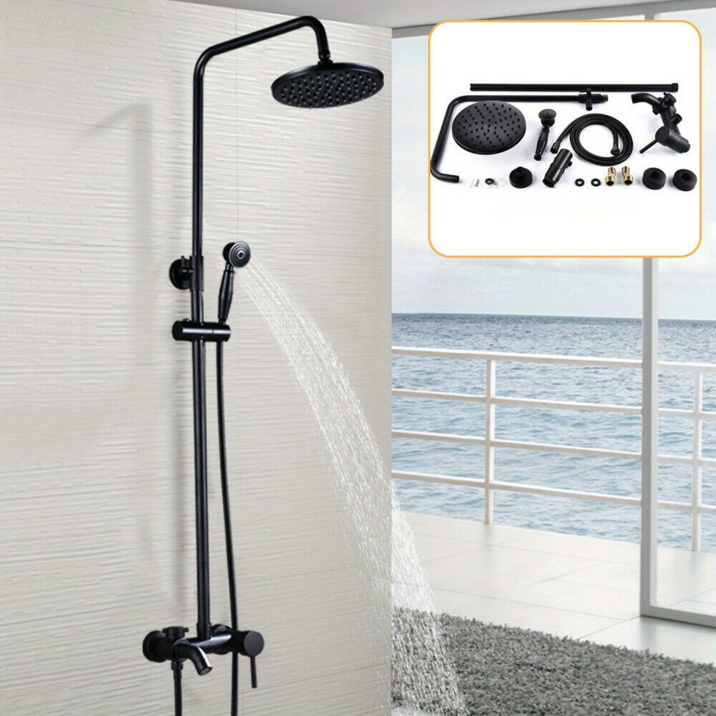 Douche Systeem – Douchekolom – Handdouche – Douchekraan – Wandgemonteerd – Zwart Design – RVS & Messing – Verstelbare Hoogte 85-110 cm