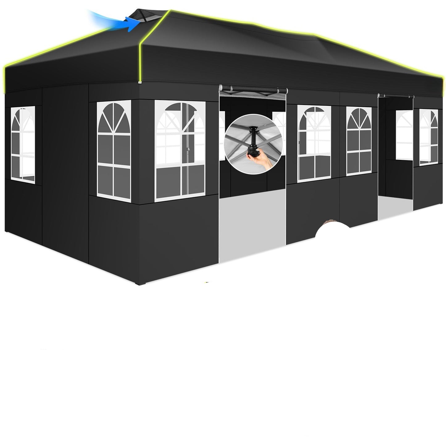 Partytent – Paviljoen – Feesttent – Tuintent – Vouwtent – 3x6 Meter – Oxford Stof – Inklapbaar Met Centrale Klikvergrendeling – 6 Zijwanden – Fluorescerende Strepen – Waterafstotend – Zwart