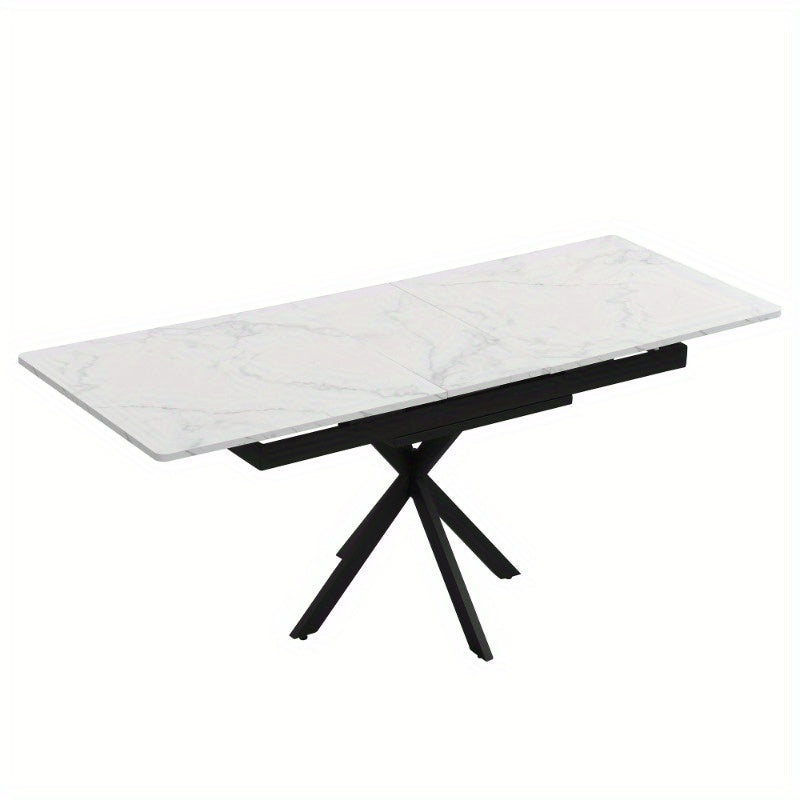 Verstelbare Eettafel – Zelf Uitbreidbare Tafel – Rechthoekige Koffietafel – Vrije Tijd Tafel – Eetkamer Tafel – Marmerlook Bovenblad – Kruisvormig Metaal Onderstel