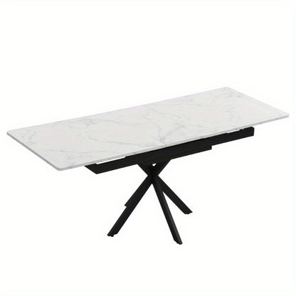 Verstelbare Eettafel – Zelf Uitbreidbare Tafel – Rechthoekige Koffietafel – Vrije Tijd Tafel – Eetkamer Tafel – Marmerlook Bovenblad – Kruisvormig Metaal Onderstel