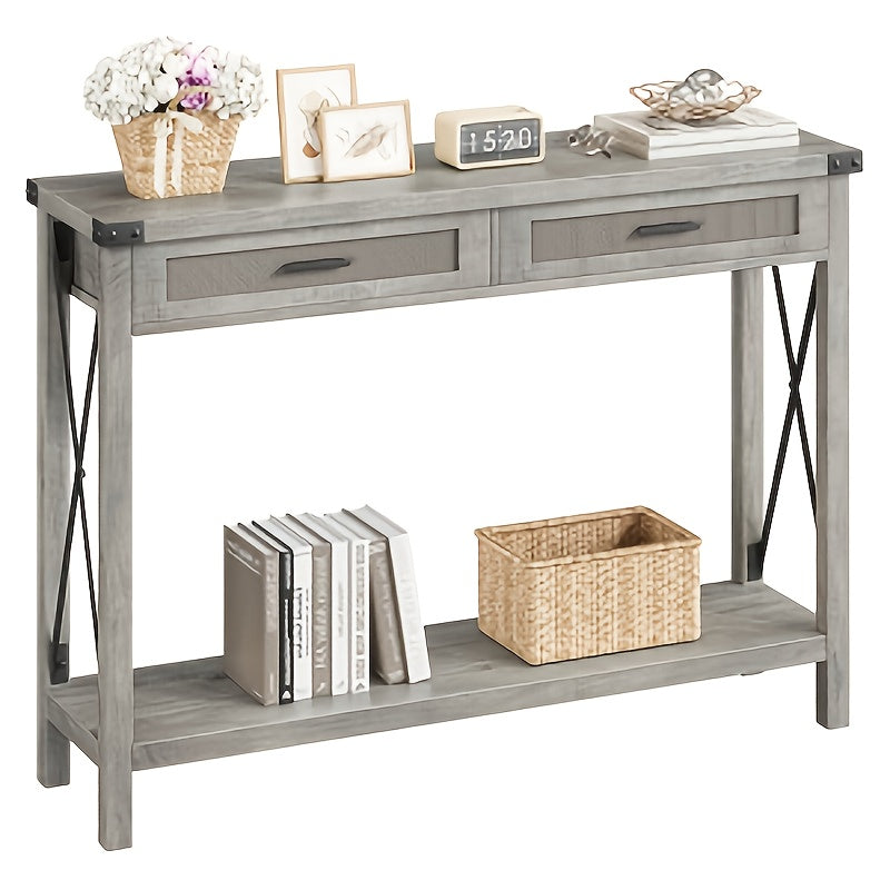 Bijzettafel – Telefoontafel – Dressoir – Bijzetkast – Vintage Tafel – Compact Model Grijs – Eiken Look Met Rattan Deuren – Ruimtebesparend & Stevig Houten Materiaal