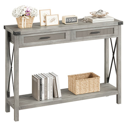 Bijzettafel – Telefoontafel – Dressoir – Bijzetkast – Vintage Tafel – Compact Model Grijs – Eiken Look Met Rattan Deuren – Ruimtebesparend & Stevig Houten Materiaal