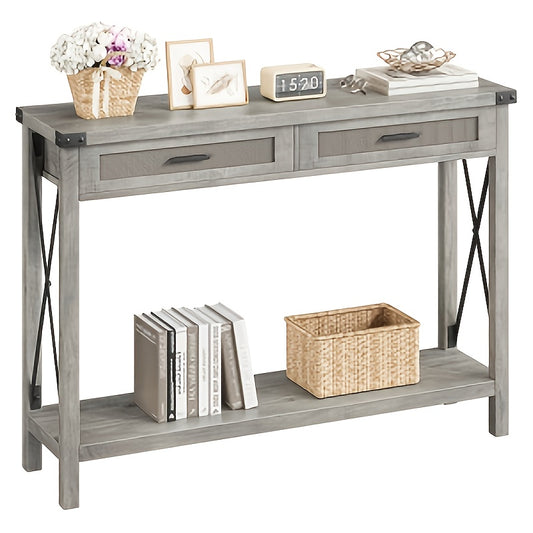 Bijzettafel – Telefoontafel – Dressoir – Bijzetkast – Vintage Tafel – Compact Model Grijs – Eiken Look Met Rattan Deuren – Ruimtebesparend & Stevig Houten Materiaal