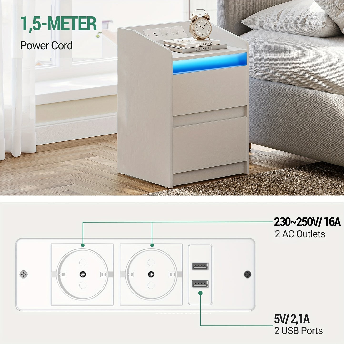 Nachtkastje – Bijzettafel – Opbergkastje – Nachtkast – Nachtkastjes – Set Van 2 Met LED-verlichting – Oplaadstation Met USB En Stopcontact – Zwart – 35x40x58 cm – Spaanplaat