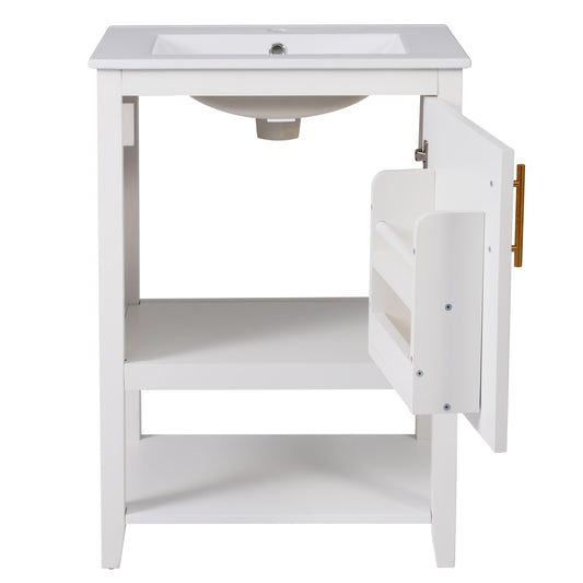 Bathroom Furniture, Single Washbasin, Vanity Unit 60 Cm, With Ceramic Washbasin With Shelf, White