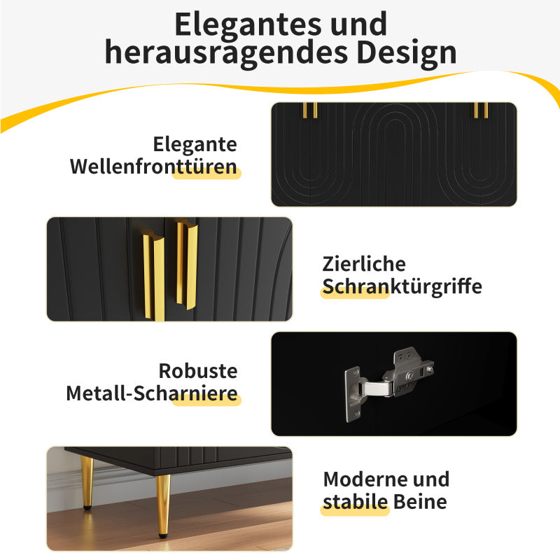 Dressoir – Sideboard – Buffetkast – Opbergkast – Ladekast – Zwart – Uniek Golvend Design – Gouden Handgrepen & Poten – 152x40x75 cm