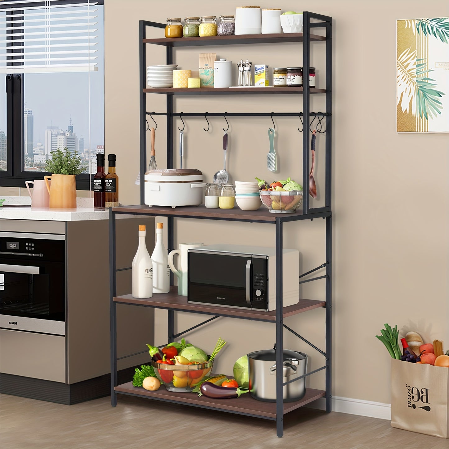 5-Lagen Keukenorganizer – Rustiek Zwart Walnoot – Industrieel Baker’s Rack met Opslag, Magnetronstandaard en Haakjes voor Kruiden en Keukengerei