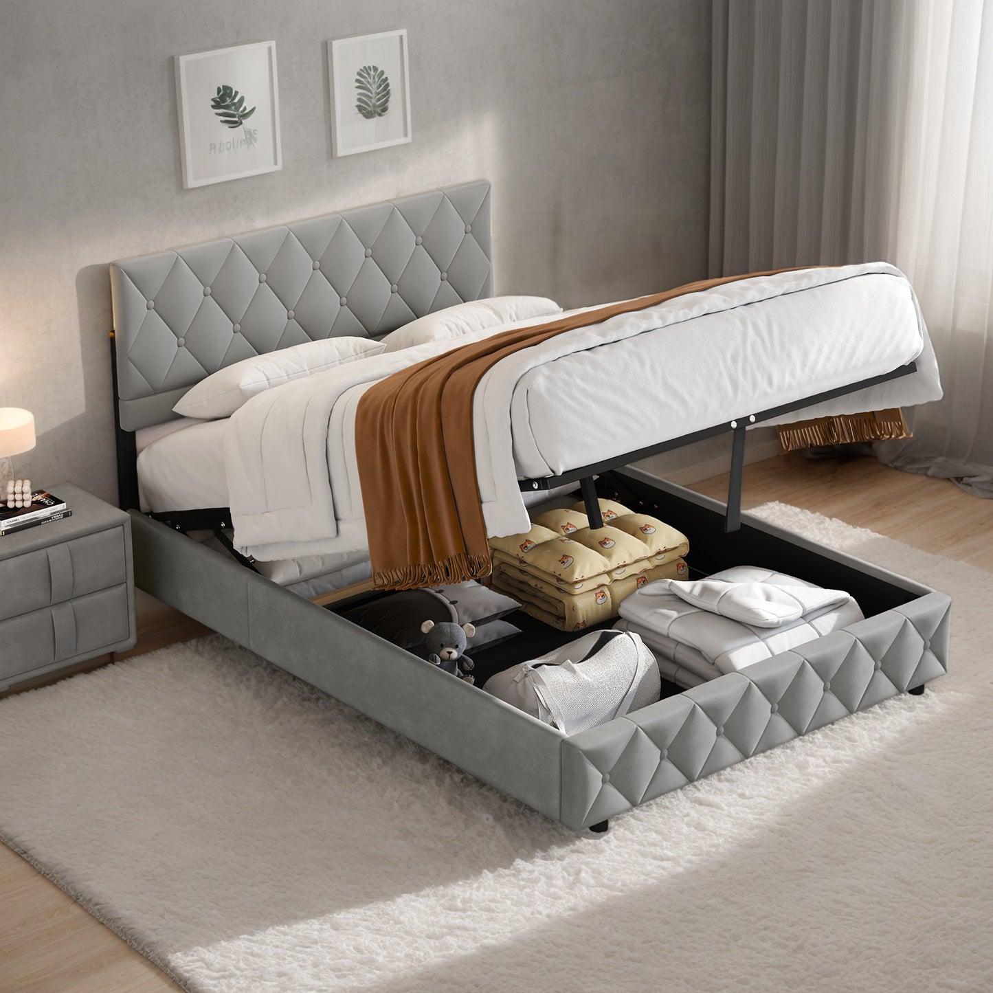 Bedombouw – Bedframe – Opbergbed – Stapelbed – Slaapkamerbed – Hydraulische Opbergruimte – Stoffering Met Knopen – 140x200 cm – Houten Latten Met Metalen Frame