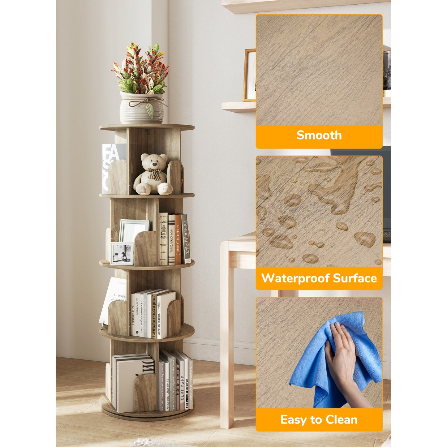 4 Tier Rotating Bookshelf, 360° Revolving Bookcase Wood Rotating Stackable Shelves Floor-Standing Storage Display Rack Used in Bedrooms Living Rooms Study Office (132.08cm x 45.72cm x 45.72cm)