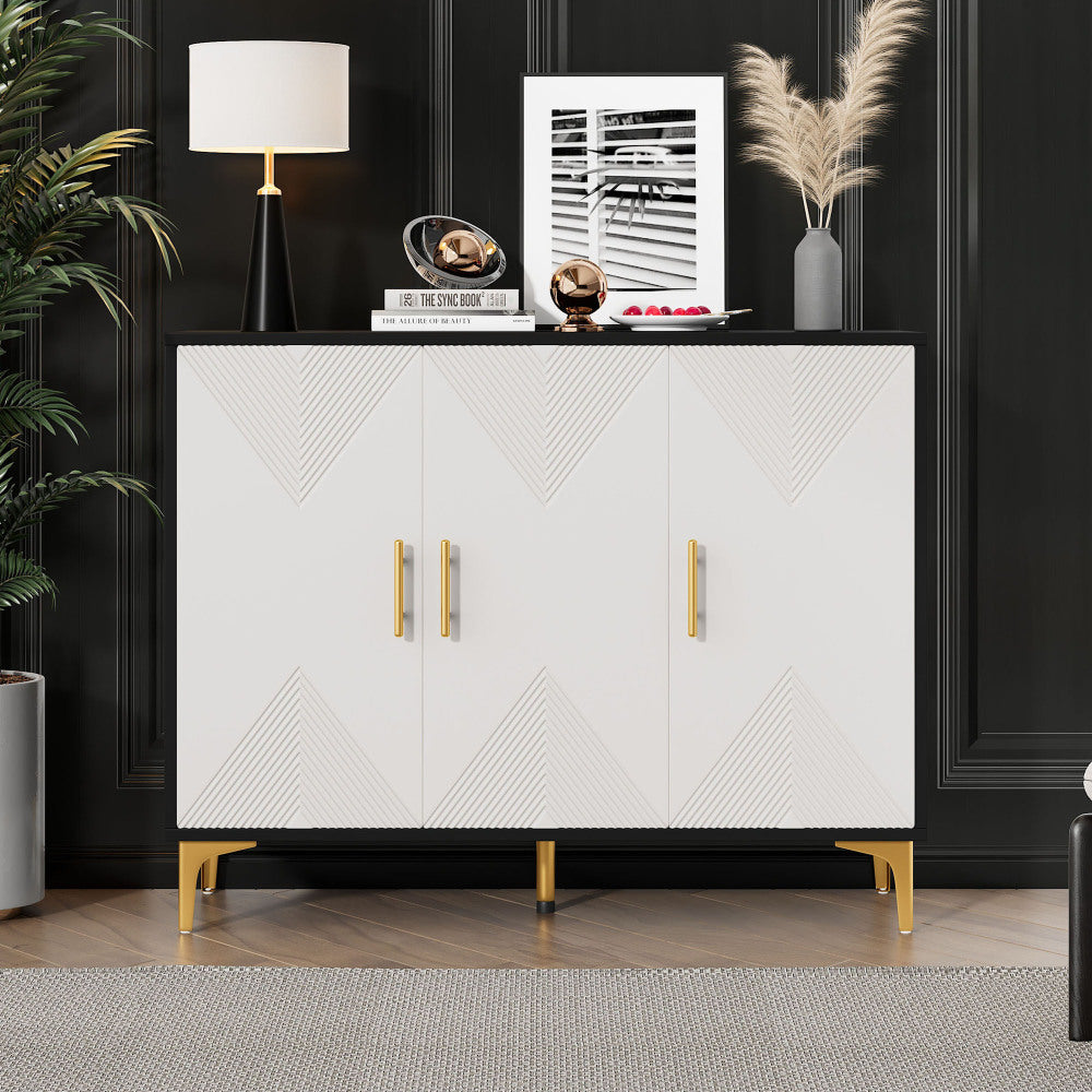 Dressoir – Opbergkast – Ladekast – Buffetkast – Sideboard – Mat Wit Gestreept – Gouden Handgrepen – Hardhout & Spaanplaat – Ruime Opbergruimte – Bohemian Design