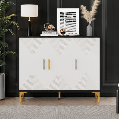 Dressoir – Opbergkast – Ladekast – Buffetkast – Sideboard – Mat Wit Gestreept – Gouden Handgrepen – Hardhout & Spaanplaat – Ruime Opbergruimte – Bohemian Design