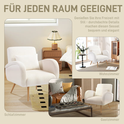 Fauteuil – Leunstoel – Relaxstoel – Zetel – Leesstoel – Crème Wit – Fleece Bekleding – Lendenkussen Met Metalen Poten