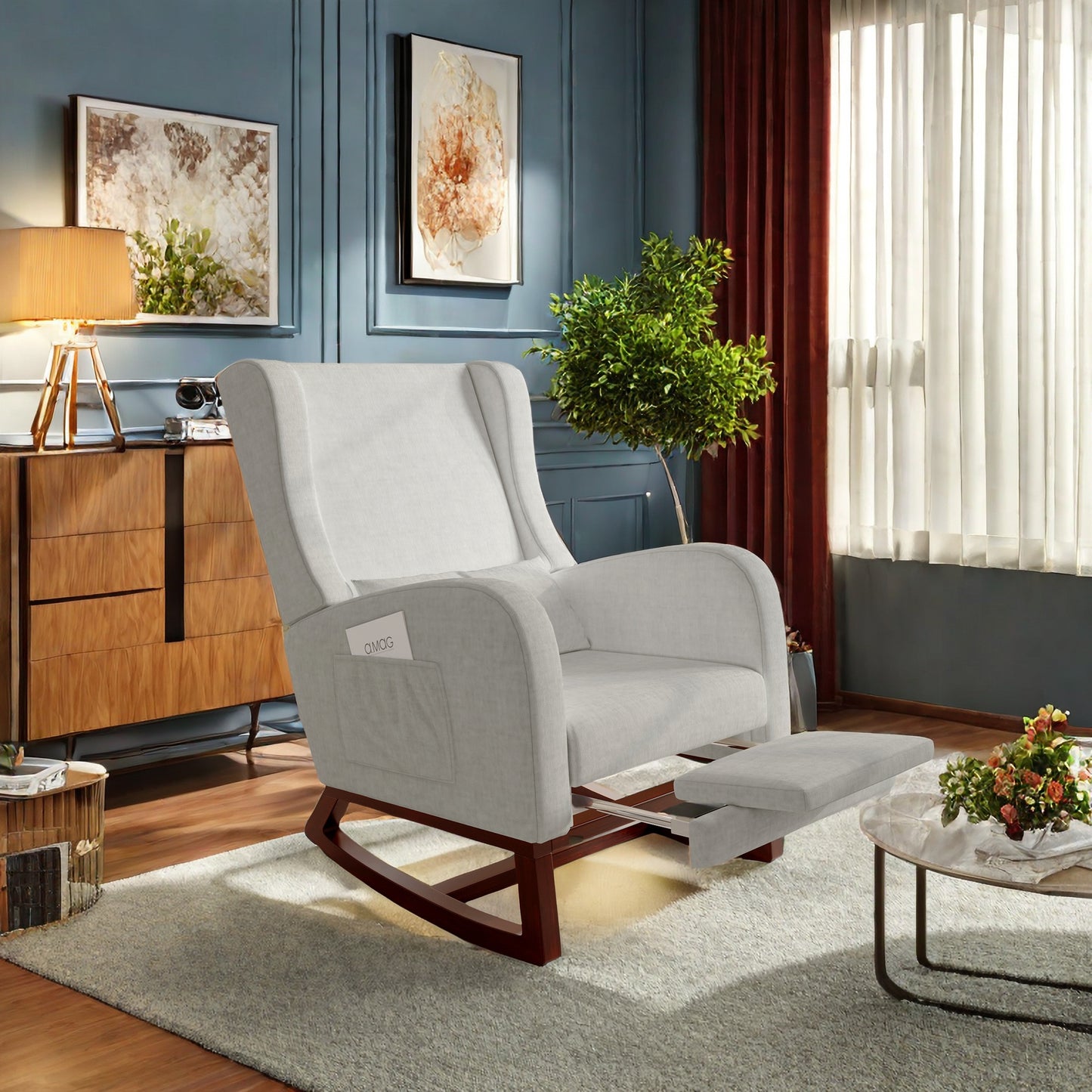 Schommelstoel – Relaxstoel – Lounge Stoel – Leunstoel – Voetenbank – Hoogte Rugleuning – Massief Houten Onderstel – Zijzakken – Verlengbare Voetensteun – Grijs
