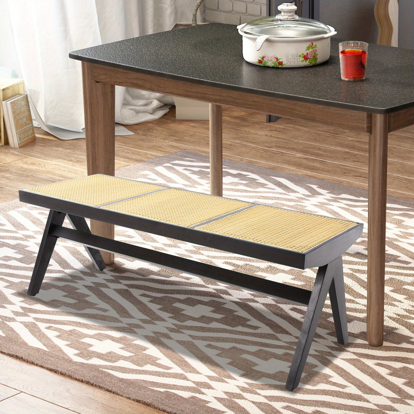 Modern Wicker 3-Seater Entryway Bench with Shoe Storage - Black Rattan Contemporary Low-Profile Furniture, Space-Saving for 3 People, Easy Assembly, Compact for Hallway, Porch, - Stands Alone, No Baseboard Mounting Required