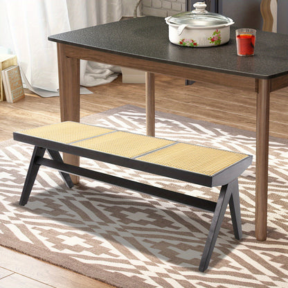 Modern Wicker 3-Seater Entryway Bench with Shoe Storage - Black Rattan Contemporary Low-Profile Furniture, Space-Saving for 3 People, Easy Assembly, Compact for Hallway, Porch, - Stands Alone, No Baseboard Mounting Required