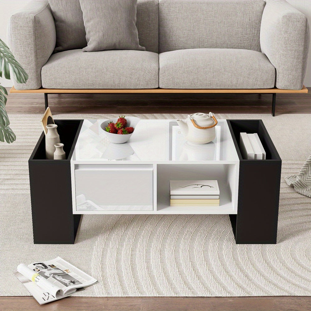 Salontafel – Woonkamertafel – Koffietafel – Tafeltje – Bijzettafel – Zwart-Witte Hoogglans Uitvoering – 4 Open Vakken & 2 Lades – Duurzame Constructie – Geen Montage