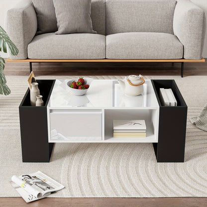 Salontafel – Woonkamertafel – Koffietafel – Tafeltje – Bijzettafel – Zwart-Witte Hoogglans Uitvoering – 4 Open Vakken & 2 Lades – Duurzame Constructie – Geen Montage