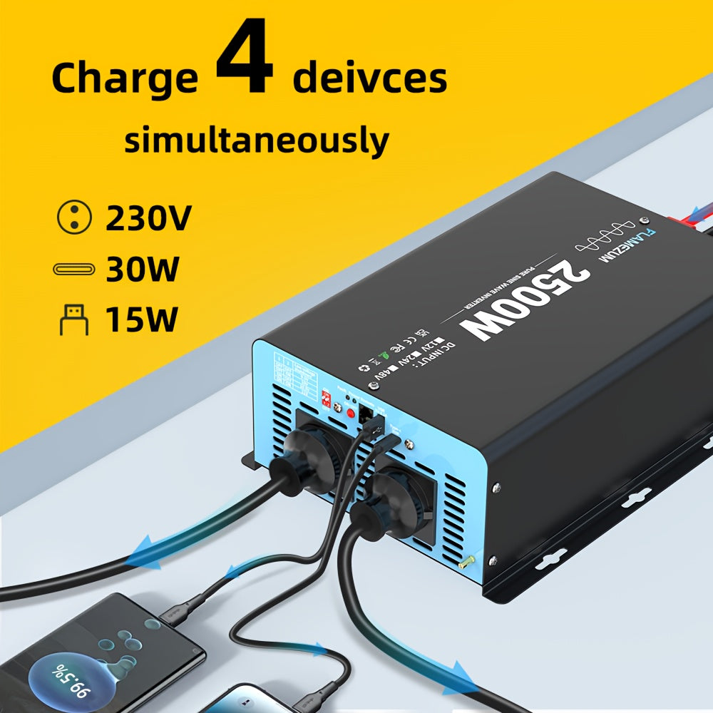 2500W Power Inverter – Spanningsomzetter – Omvormer – Stroomomzetter – 12V Naar 230V Converter – Pure Sinusgolf – Dubbele Europese Stopcontacten – Overbelasting en Kortsluitbeveiliging – Aluminium Behuizing en Hoge Efficiëntie