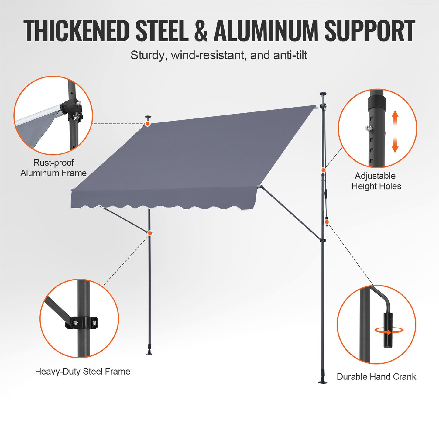 Zonnescherm – Balkonluifel – Terrasdoek – Zonwering – Schaduwdoek – Verstelbaar Hoogte 218-309 cm – UV-bestendig Grijs 250x120 cm
