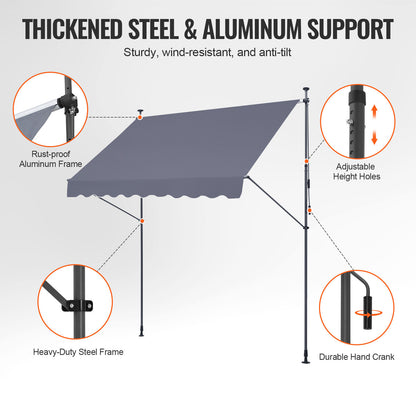 Zonnescherm – Balkonluifel – Terrasdoek – Zonwering – Schaduwdoek – Verstelbaar Hoogte 218-309 cm – UV-bestendig Grijs 250x120 cm
