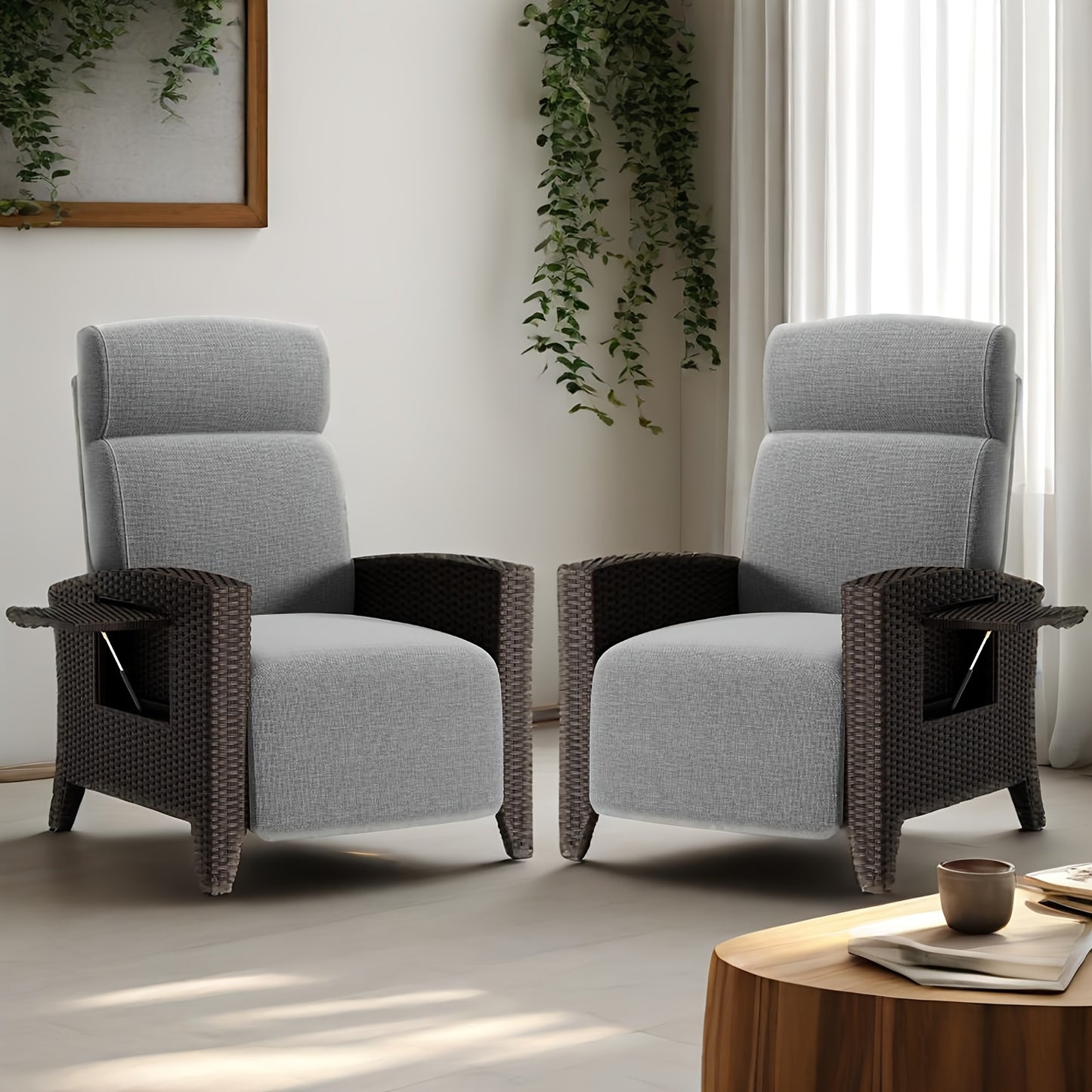 Rattan Loungestoel Set – Tuinstoel – Balkonstoel – Ligstoel – Relaxstoel – Verstelbare Rugleuning – Inklapbare Bijzettafel – Memory Foam Kussens – Metalen Frame – Inclusief Beschermhoes – Grijs – Set Van 2