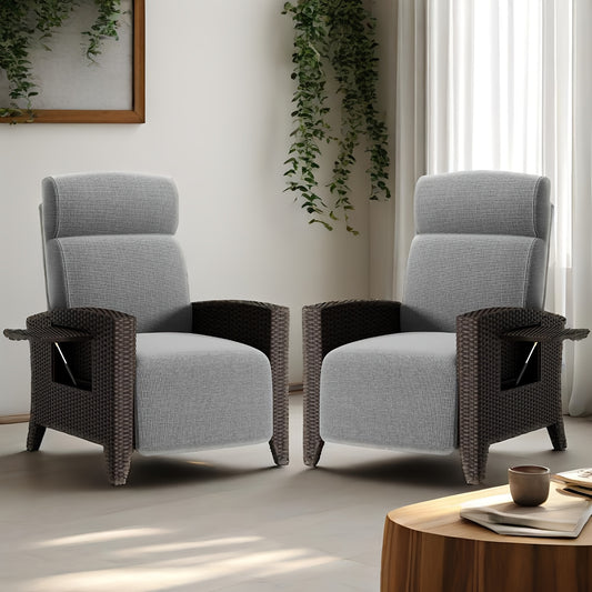 Rattan Loungestoel Set – Tuinstoel – Balkonstoel – Ligstoel – Relaxstoel – Verstelbare Rugleuning – Inklapbare Bijzettafel – Memory Foam Kussens – Metalen Frame – Inclusief Beschermhoes – Grijs – Set Van 2