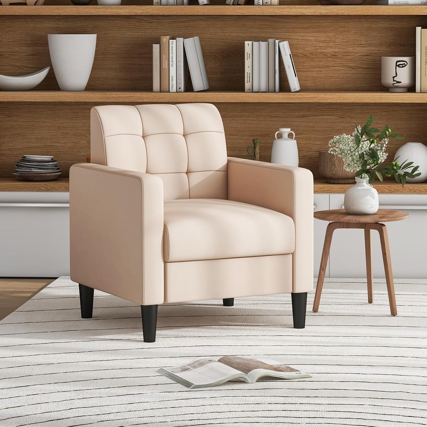 Velvet Fauteuil – Relaxstoel – Lounge Stoel – Armstoel – Leunstoel – Mid-Century Design – Zachte Velvet Bekleding – Stevige Houten Poten – Beige