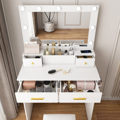 Kaptafel – Make-up Tafel – Toilettafel – Vanity Unit – Dressing Table – Wit – Inclusief Zacht Gevoerde Kruk – 4 Lades Met Opbergbak