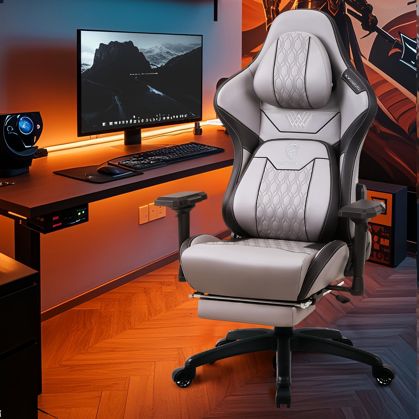 Gaming Stoel – Bureaustoel – Office Chair – Gamerstoel – Ergonomische Stoel – Grijs – 4D Verstelbare Armleuningen – Hoogte- en Lendensteun – 360° Draaibaar – Metalen Frame – Max 158,7 kg