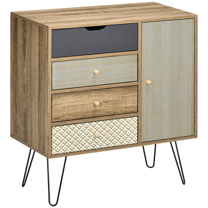 Bohemian Style HOMCOM 4-Drawer Dresser with 1 Cabinet - Hairpin Legs - Brown, 79 x 39 x 86 cm