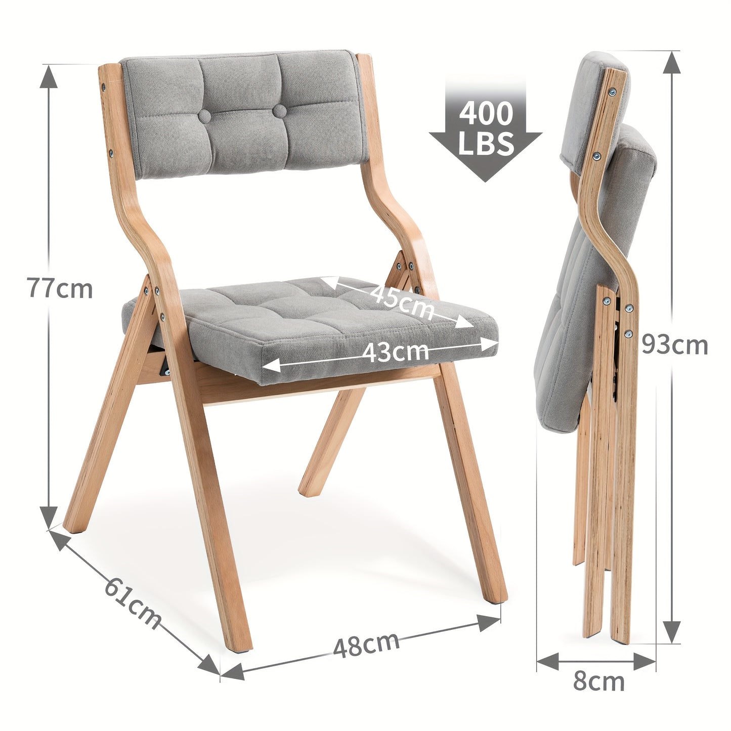 Folding Chair with Cushion, Wooden Upholstered Folding Chair 2pcs Set, Portable Assembled Folding Dining Chairs for Guests, Kitchen, Office, Wedding And Party, Gray