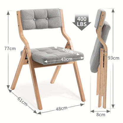 Folding Chair with Cushion, Wooden Upholstered Folding Chair 2pcs Set, Portable Assembled Folding Dining Chairs for Guests, Kitchen, Office, Wedding And Party, Gray