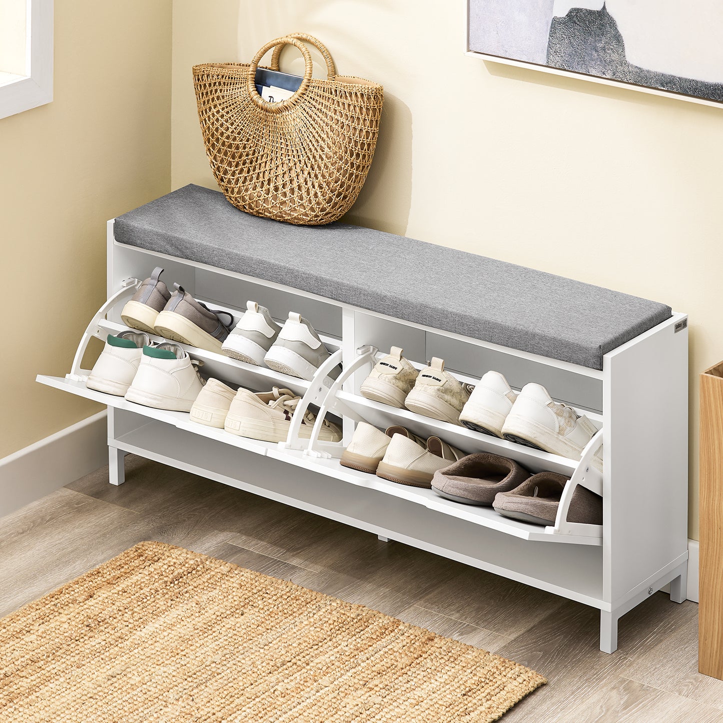 Schoenenbank – Schoenenrek – Opbergbank – Halbank – Zitbank – 4 Compartimenten – Comfortabel Zitkussen – Draagkracht 250 kg – Wit Hout 105x24x52 cm