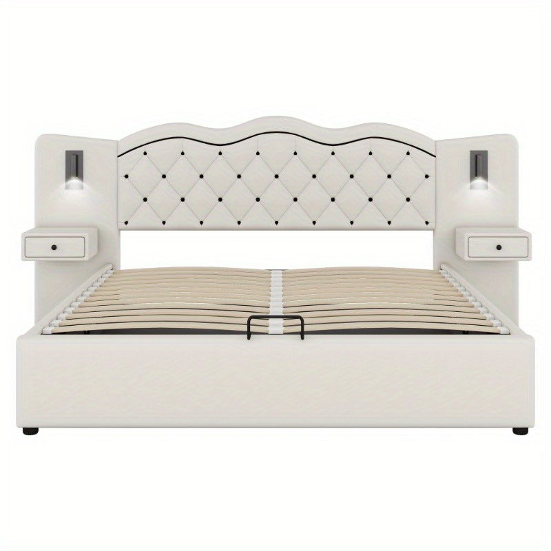 Bedframe – Ledikant – Slaapbank – Boxspring – Bed met Opbergruimte – Beige – Hydraulische Lift – Geïntegreerd Hoofdbord – 180x200 cm – Zachte Stof